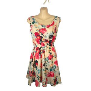 Floral Spring Summer Sleeveless Fit & Flare Mini Dress Cream Multi M Liva Girl